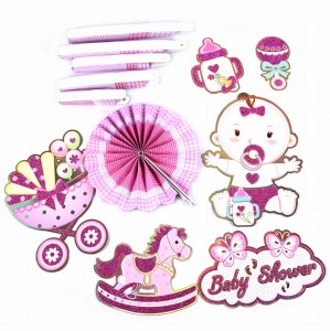 ZESTAW OZDÓB BABY SHOWER URODZINY ROZETY PAPIEROWE NIEBIESKIE RÓŻOWE