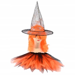 STRÓJ NA HALLOWEEN CZAROWNICA POMARAŃCZOWA PERUKA KAPELUSZ SPÓDNICZKA