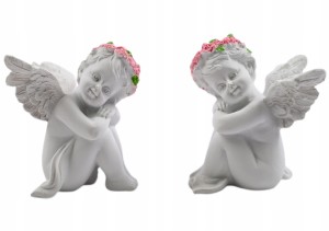 ANIOŁ STRÓŻ BIAŁY FIGURKA ANIOŁEK Z WIANKIEM RZEŹBA DEKORACJA KOMPLET 2SZT